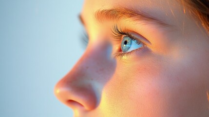 Fototapeta premium Close-up of a teenagerâ€™s face, looking pensive, eyes downcast, soft evening light