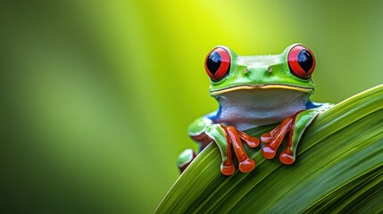 Fototapeta premium Close-up of a tree frog on a leaf, vibrant green color, rainforest backdrop