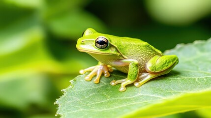 Obraz premium Close-up of a tree frog on a leaf, vibrant green color, rainforest backdrop