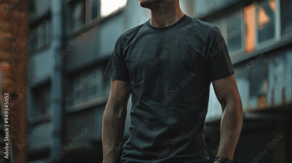 Poster a person standing in front of a high-rise building, possibly waiting for someone or looking up at th