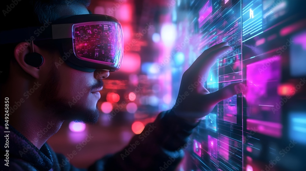 Poster virtual reality web development scene with sleek cyberpunk inspired uiux