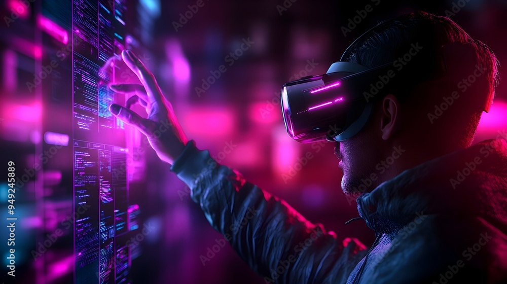 Poster immersive virtual reality web development workspace with futuristic aesthetics