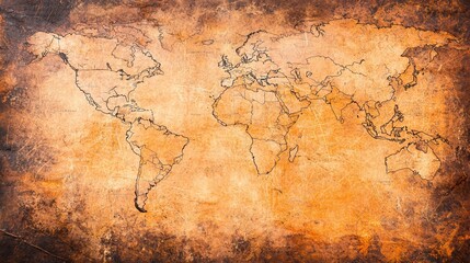 Vintage world map on textured background, perfect for travel, adventure, and exploration-themed projects or decor.