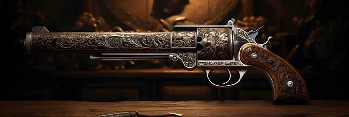 Vintage Decorative Ornate Pistol with a Wooden Handle on an Aged Wooden Surface with Aged Parchments in the Background