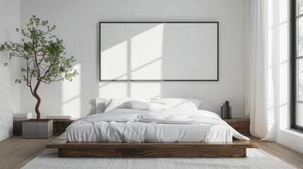 A minimalist bedroom with a low platform bed, white linens, and a single framed artwork