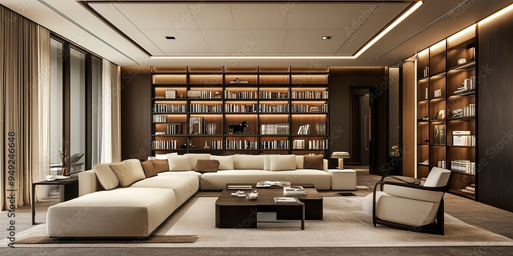 Wall mural modern luxury elegance living area with a nice library bookshelf style library 