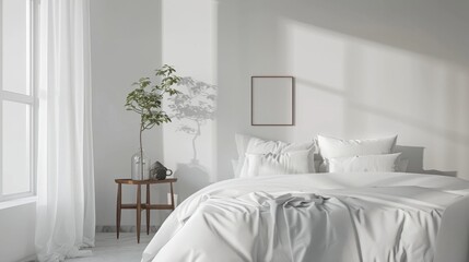 A minimalist bedroom with a white bed, a small bedside table, and a single framed photo