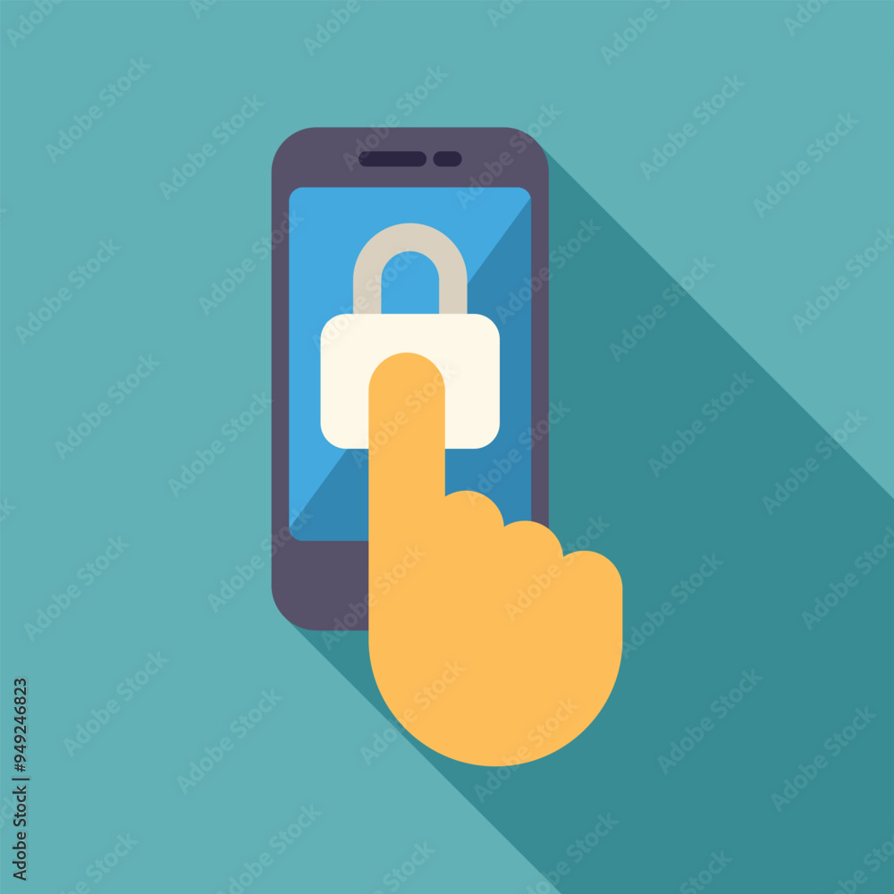 Poster hand is touching a smartphone screen with a lock icon for mobile security