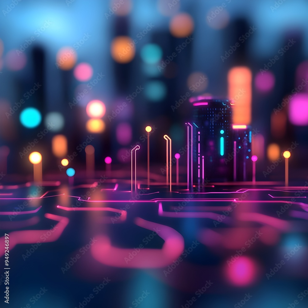 Poster futuristic landscape with intricate neon lit circuit patterns and glowing technological elements