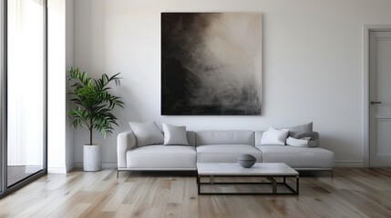 A minimalist living room with a simple sofa, a coffee table, and a single piece of art on the wall