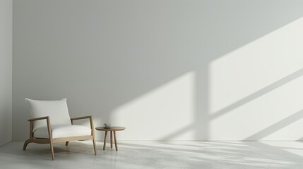 Fototapeta premium A minimalist living room with a single armchair, a small table, and a clean, uncluttered floor