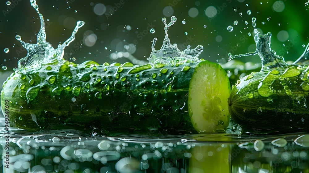 Poster fresh cucumbers with water splashing around them. a close up of the cucumbers shows the texture and 