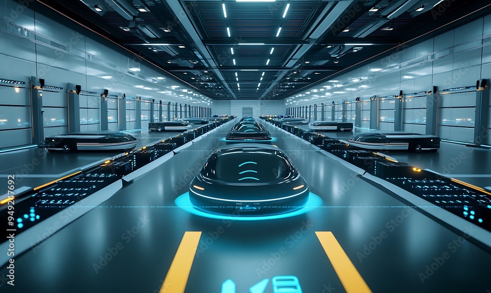 Poster futuristic logistics center with ai and automation for inventory management and delivery optimizatio