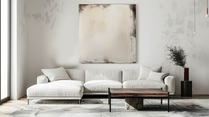 Fototapeta premium A minimalist living room with a white sofa, a single abstract painting on the wall, and an empty coffee table