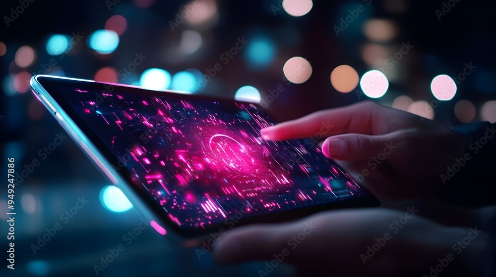 Poster sleek futuristic augmented reality interface on a tablet with seamless environmental