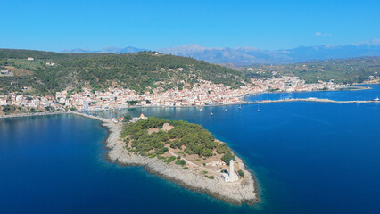 greece peloponnese region gytheio town lighthouse coastal houses chapel and boats aerial view