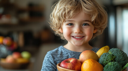 Fototapeta premium little cute smiling boy holding bowl with fruits and vegetables in kitchen, child, kid, kids, healthy eating, bananas, apples, broccoli, food, vegetarianism, portrait, person, face, dish