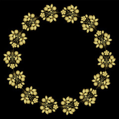 Round floral frame with strawberry branches. Botanical wreath with fruits and flowers. Golden glossy silhouette on black background.