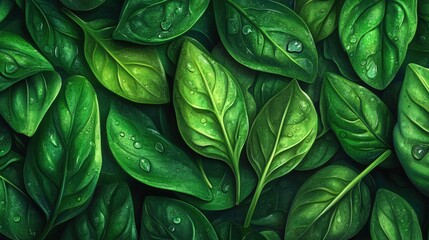 Close-up of freshly harvested organic spinach, crisp green leaves, water droplets