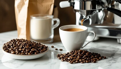 Coffee Cup on a Table with Coffee Beans A Moment of Aroma and Flavor