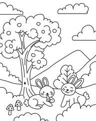 Coloring Book: cute little bunny in the garden 
