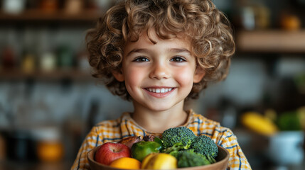 Fototapeta premium little cute smiling boy holding bowl with fruits and vegetables in kitchen, child, kid, kids, healthy eating, bananas, apples, broccoli, food, vegetarianism, portrait, person, face, dish