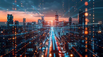 Obraz premium A futuristic cityscape with glowing lines and dots representing data flow.