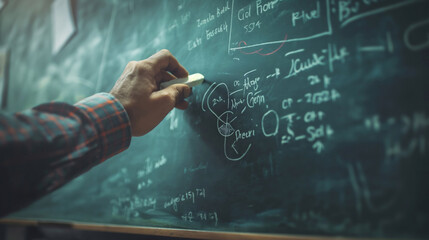 A close-up image of a teacher hand holding a piece of chalk, writing on a chalkboard.