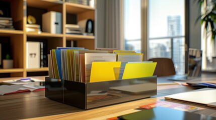 A receipt box with color-coded tabs, organizing receipts by category, on a modern office desk