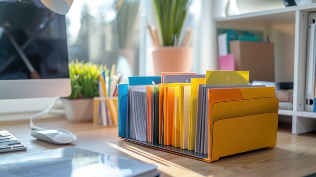 A receipt box with color-coded tabs, organizing receipts by category, on a modern desk