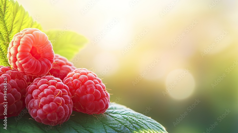 Wall mural Close-up of organic raspberries, vivid red color, placed on a leaf, soft sunlight