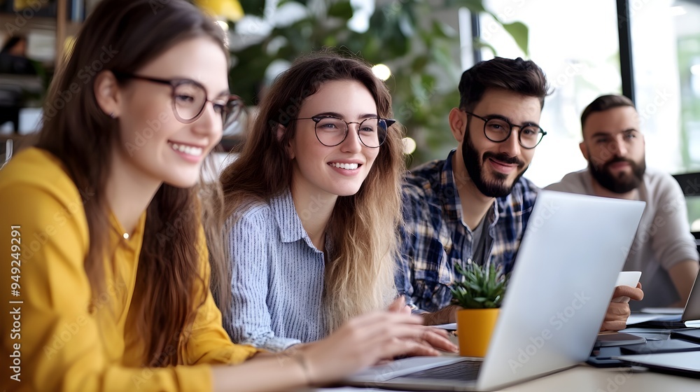 Poster virtual team on website development in remote workspace