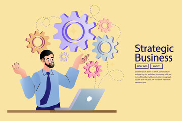 A creative concept of a business mindset, this vector art shows a man's brain processing ideas, data, and strategy, represented by gears. Perfect for technology and innovation topics.