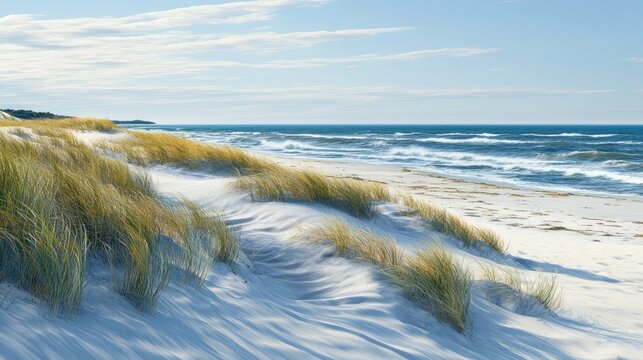 Coastal dune system with native grasses, sand dunes, ocean in the distance, windy day