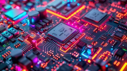 Fototapeta premium 3D rendering of a futuristic circuit board with purple and blue lights flashing. The image is very detailed and shows the complexity of the circuit.