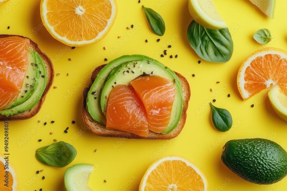 Poster this healthy breakfast features avocado toast topped with salmon and surrounded by vibrant fresh cit