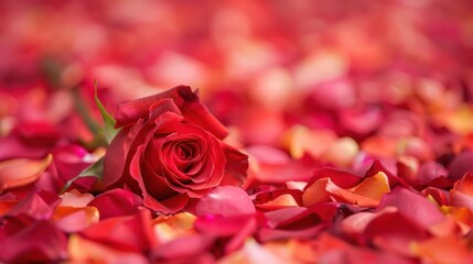 A single rose lying on a bed of rose petals, with its petals softly blending into the background