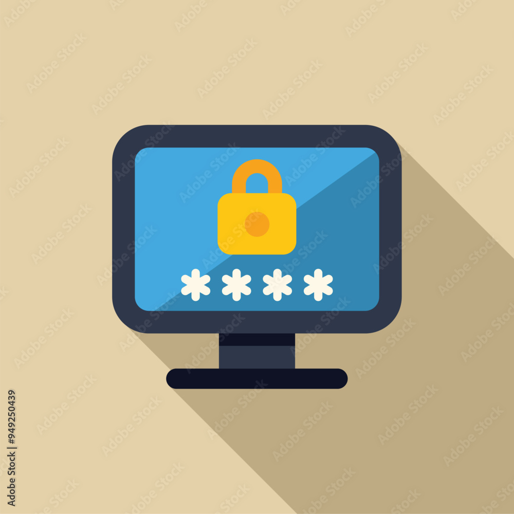 Poster minimalist flat design illustration of a desktop computer showing password protection with a lock ic