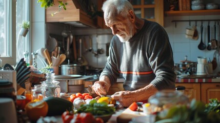 An older man chopping vegetables on a kitchen counter