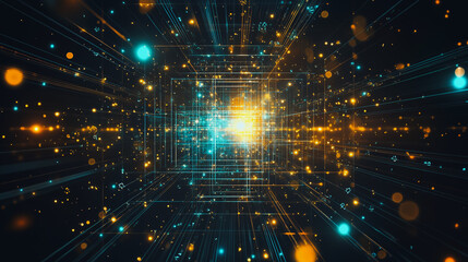 Fototapeta premium Abstract light explosion and network points, dot, earth's surface, digital background Innovation network points Earth's surface wave background digital wave information technology background