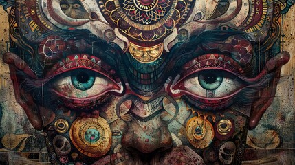 Obraz premium Intricate Psychedelic Face with Geometric Patterns