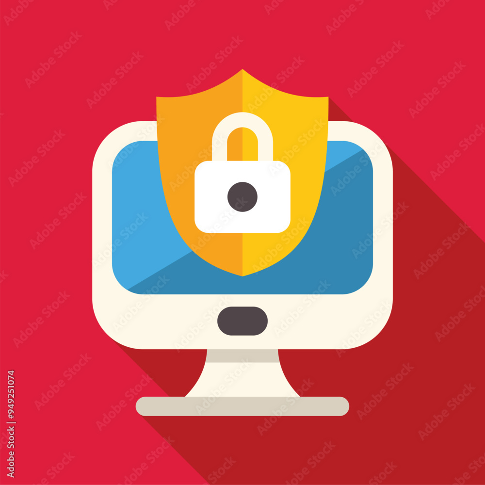 Poster computer being protected with a shield and lock, symbolizing online security and data protection