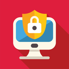 Computer being protected with a shield and lock, symbolizing online security and data protection