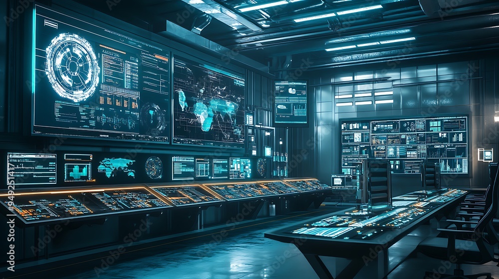 Poster high-tech supply chain control center with real-time monitoring and ai-driven contingency planning