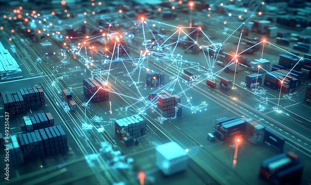 Poster global logistics network visualized as interconnected digital nodes representing supply chain elemen