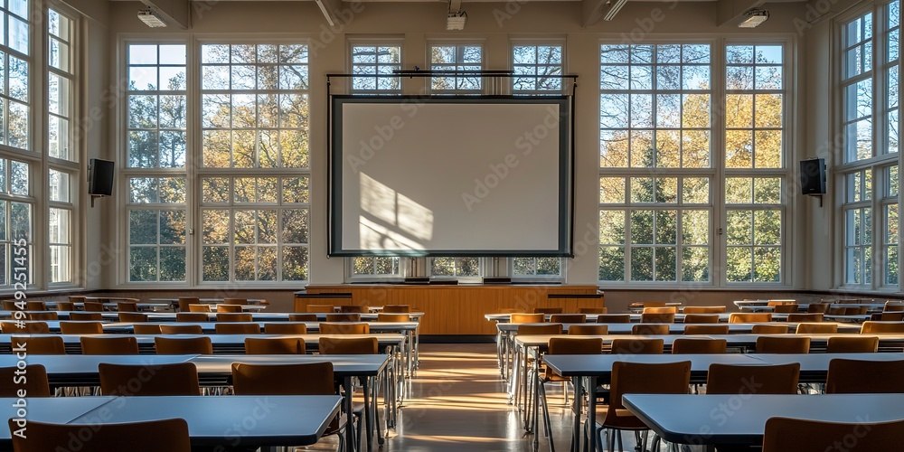 Poster a large classroom with rows of desks and chairs set up for a lecture or presentation. a projector sc