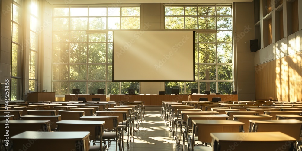 Poster a large classroom with rows of desks and chairs set up for a lecture or presentation. a projector sc