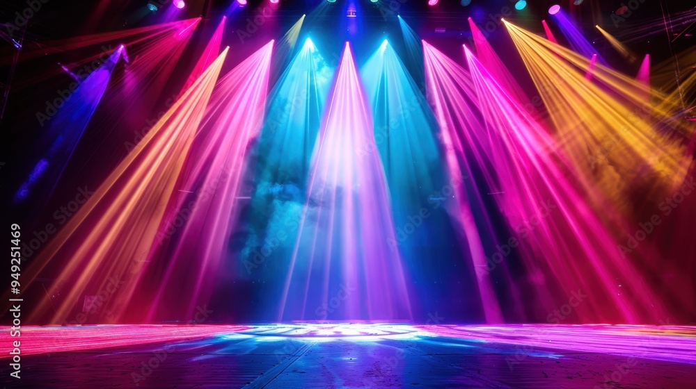Aufkleber a stage with colorful lights beaming across, creating vibrant patterns against a dark backdrop