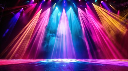 A stage with colorful lights beaming across, creating vibrant patterns against a dark backdrop