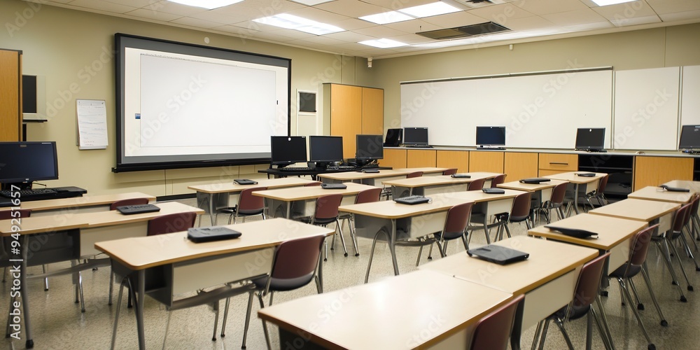 Poster empty classroom with whiteboard and computer desks for technology integration